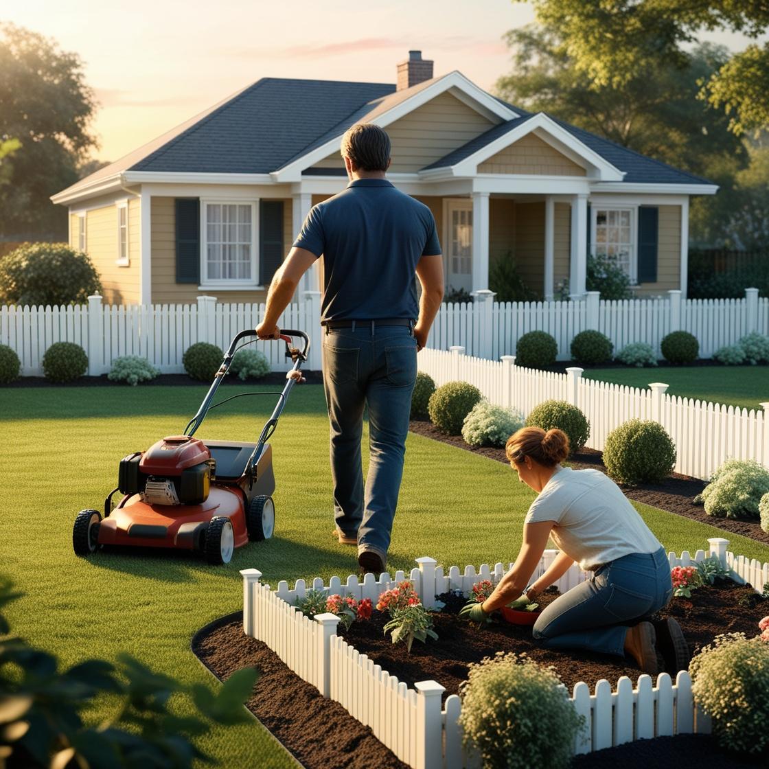 Ein Haus mit Garten. Auf dem Grundstück wird Gartenarbeit betrieben. Rasenmähen und Blumen pflanzen