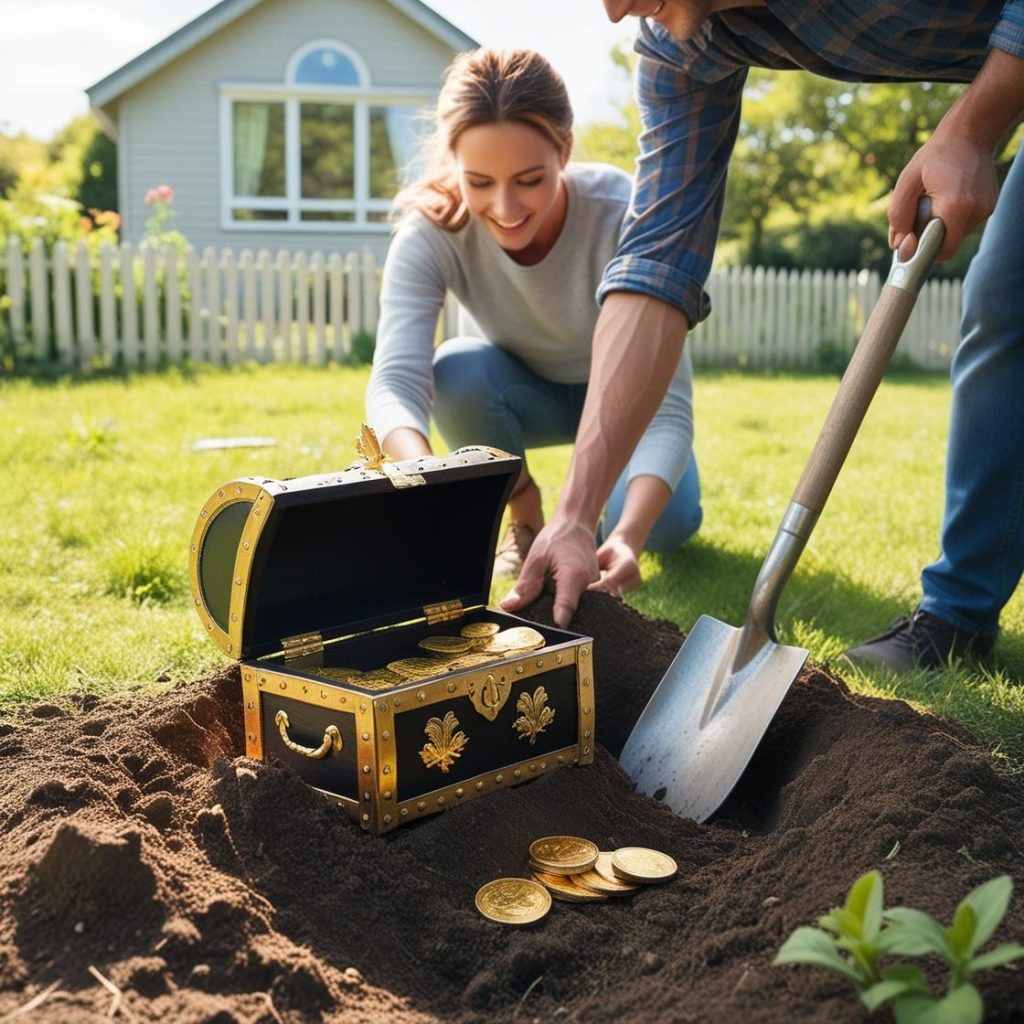 Familienschatz im Garten oder Grundstück gefunden. Früher verloren. Hortfund mit dem Metalldetektor entdeckt ausgegraben. Schatzsuche nach Opas Schatz